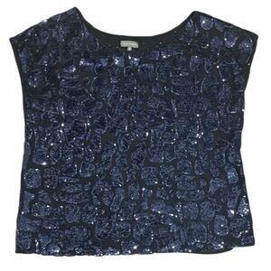 New Vince Camuto Medium Navy Black Mesh Overlay Sequin Embellish Top Blouse